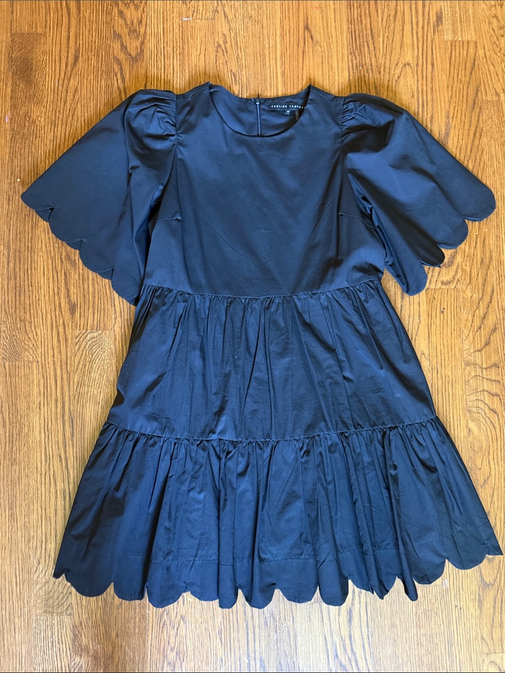 English Factory Scallop-Tier Black Casual Dress with Puff Sleeves